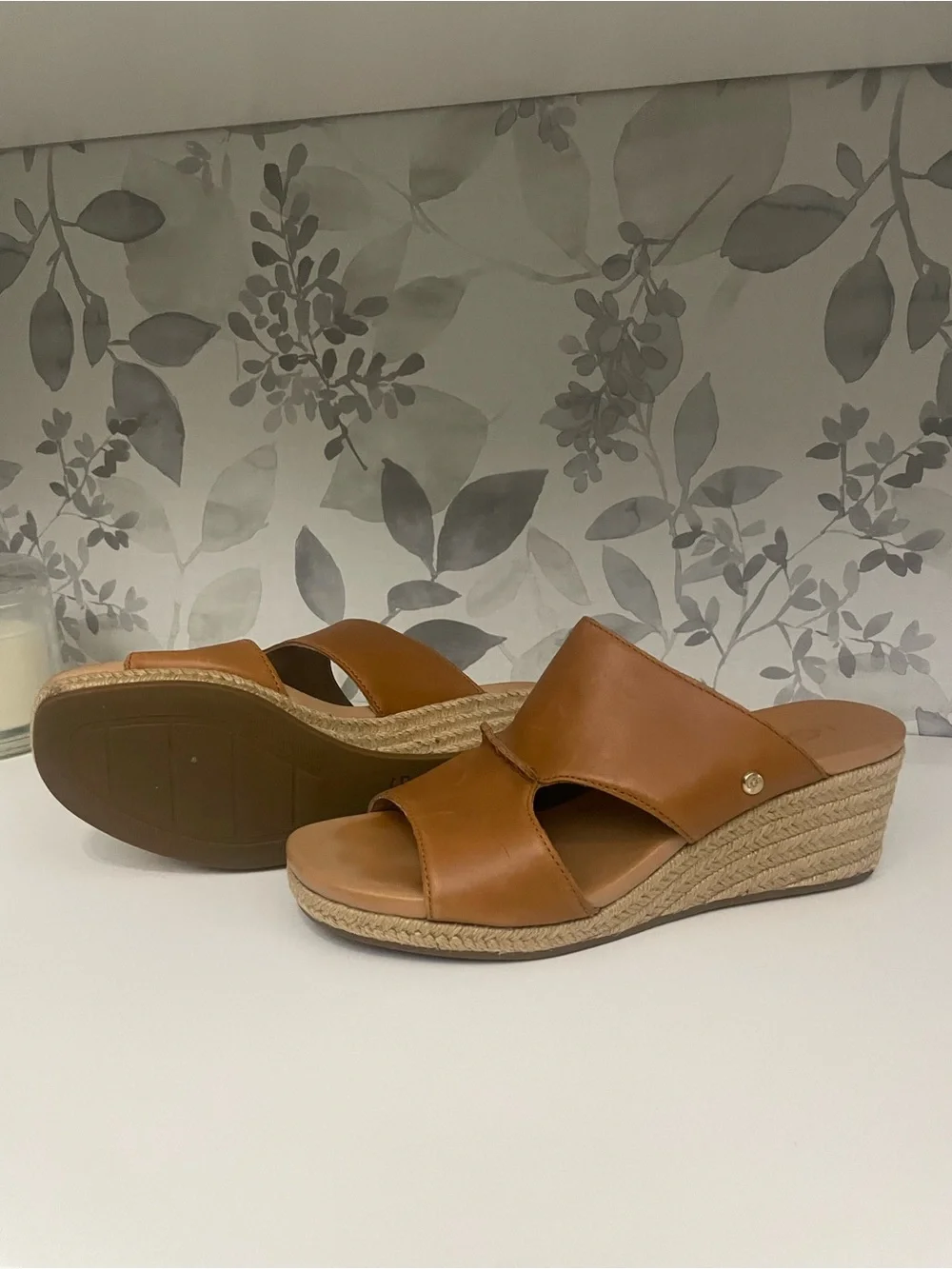 UGG Cognac Leather Espadrille Wedge Slide Sandals